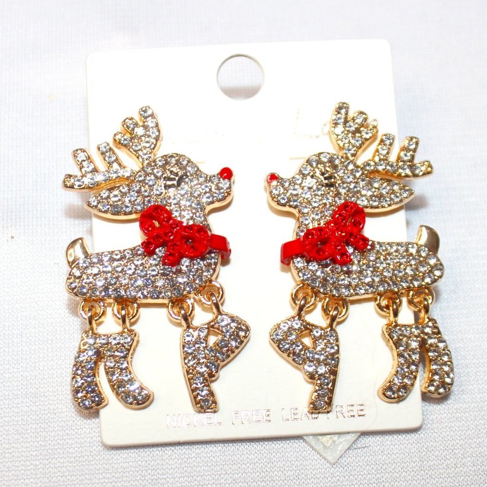 Holiday White Crystal Reindeer Dangle Earrings w/Articulated Legs